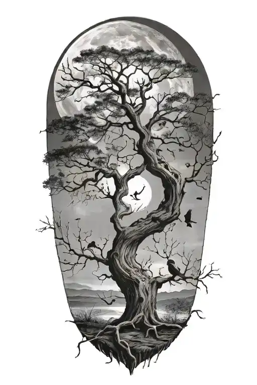 tree with birds sitting in it  and moon in the background tattoo design idea