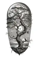tree with birds sitting in it  and moon in the background tattoo design idea