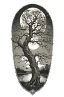 tree with birds sitting in it  and moon in the background tattoo design idea