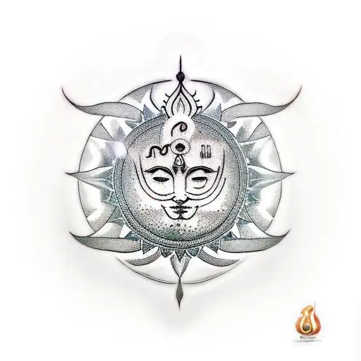 a modern tattoo sleeve with shiva and his symbols, a tamil om surrounded by an India sun on the shoulder or right below  tattoo design idea