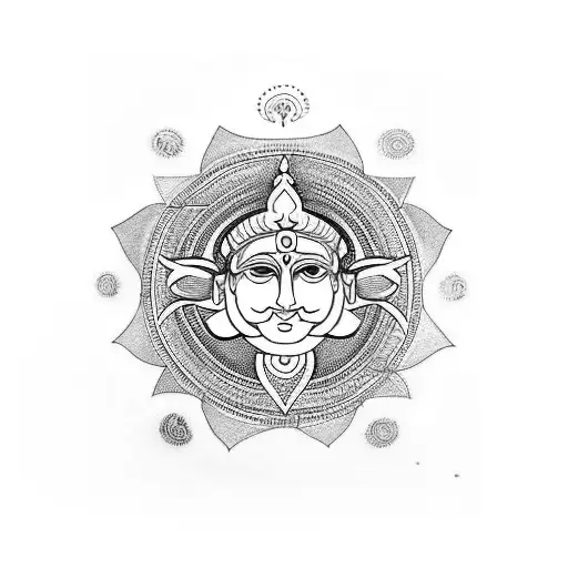 a modern tattoo sleeve with shiva and his symbols, a tamil om surrounded by an India sun on the shoulder or right below  tattoo design idea