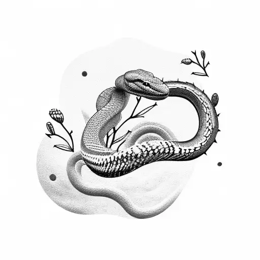 A dotwork tattoo of a snake curled around a cactus with blooming desert flowers tattoo design idea