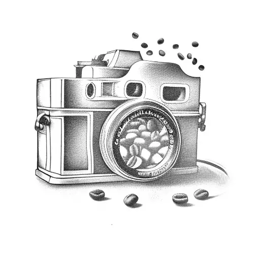 Vintage camera with a trail of coffee beans as film tattoo design idea