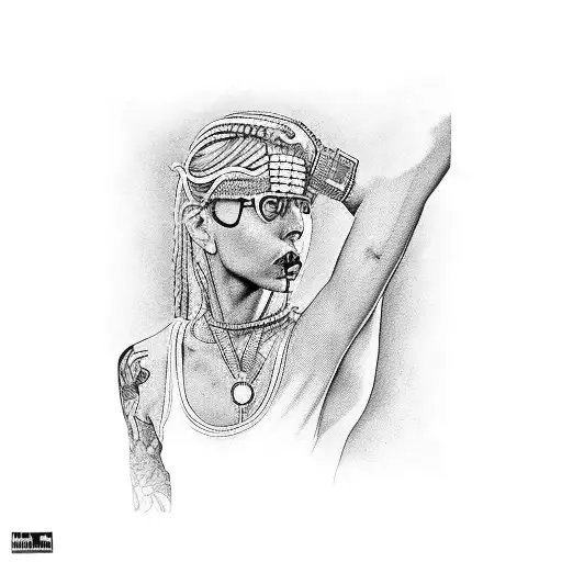 A realistic portrait of a person wearing a bracelet with a scene from 1985 in the background tattoo design idea