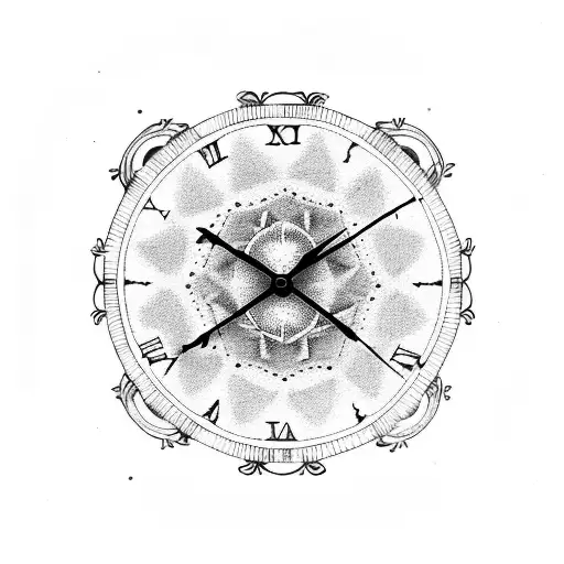 A dotwork design of a clock with Roman numerals and the year 1985 tattoo design idea
