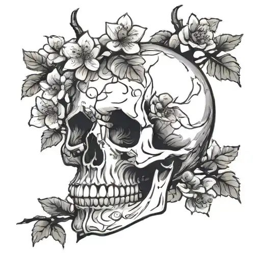 skull with cherry blossom tree growing inside tattoo design idea