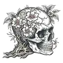 skull with cherry blossom tree growing inside tattoo design idea