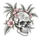 skull with cherry blossom tree growing inside stencil  tattoo design idea