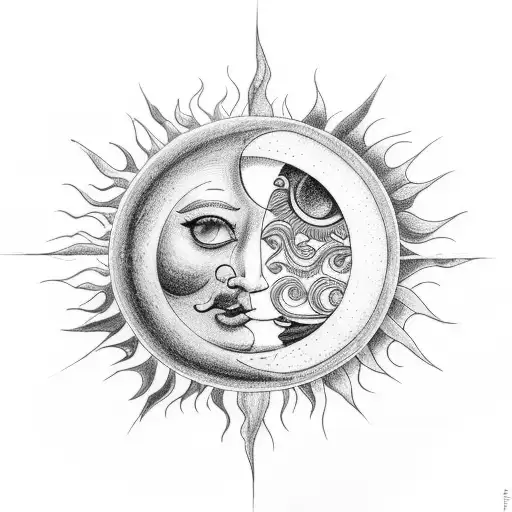 A moon and sun combination with symbols of love and knowledge entwined, representing the balance between light and dark tattoo design idea
