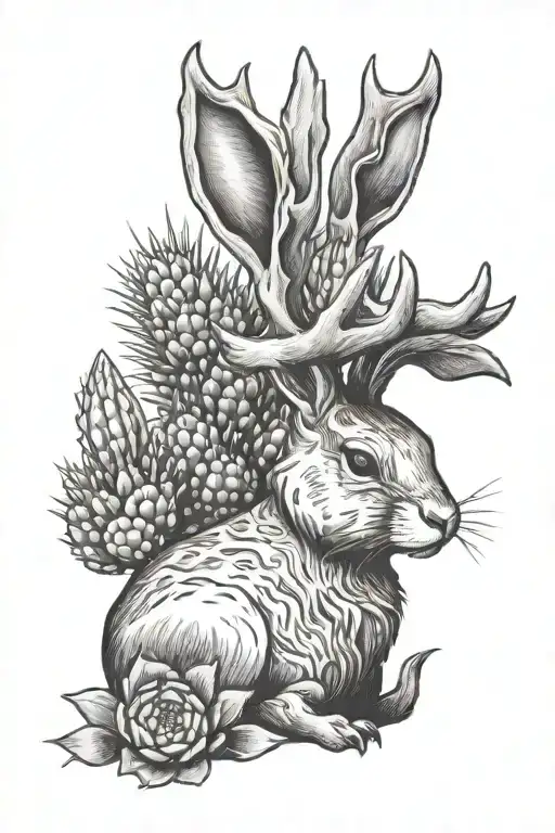 jackalope sitting next to a cactus  tattoo design idea