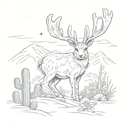 A jackalope hiking through a desert landscape with a cactus and daisy in the background tattoo design idea