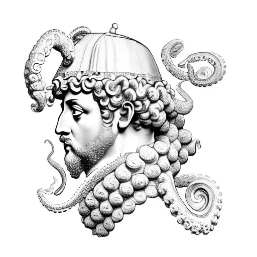 A blackwork tattoo of a ancient bust sculpture of the roman emperor  Marco Aurelio surrounded by an octopus in the sea tattoo design idea