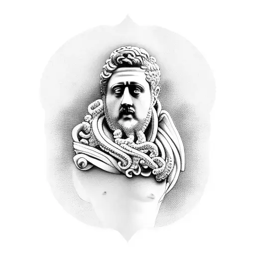 A blackwork tattoo of a forgotten bust sculpture roman emperor surrounded by tentacles tattoo design idea