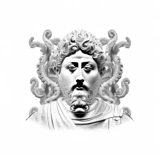 A blackwork tattoo of a forgotten bust sculpture of the roman emperor  Marco Aurelio surrounded by a octopus tattoo design idea