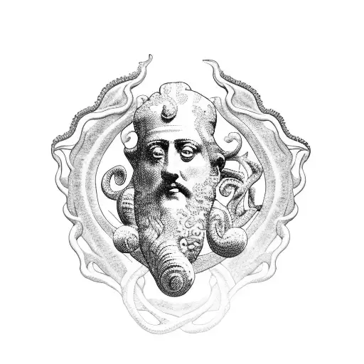 A blackwork tattoo of a ancient bust sculpture of the roman emperor  Marco Aurelio surrounded by an octopus in the sea tattoo design idea
