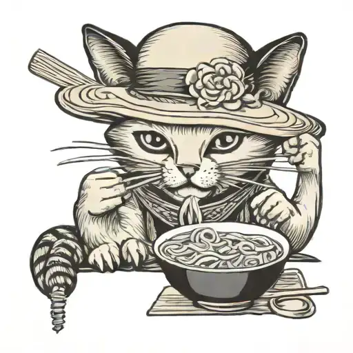 Siamese kitty eating ramen while wearing a rice hat tattoo design idea