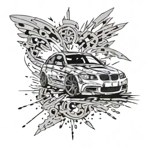 bmw e90 m3 crashed and burning with gun shot holes, laying over a pair lucky 7s tattoo design idea