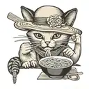Siamese kitty eating ramen while wearing a rice hat tattoo design idea