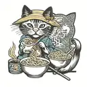 Siamese kitty eating ramen while wearing a rice hat tattoo design idea