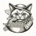 Siamese kitty eating ramen while wearing a rice hat tattoo design idea