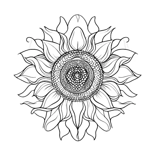 A realistic color tattoo of a sunflower with vibrant petals and intricate details, surrounded by a border of art tools like paintbrushes and pencils tattoo design idea