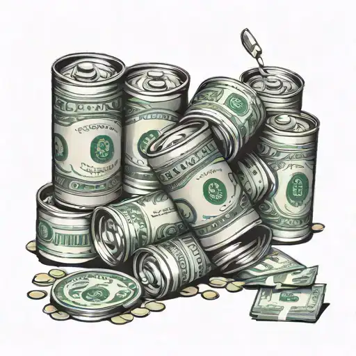 A stack of beer cans with dollar bills and coins scattered around tattoo design idea