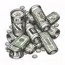 A stack of beer cans with dollar bills and coins scattered around tattoo design idea