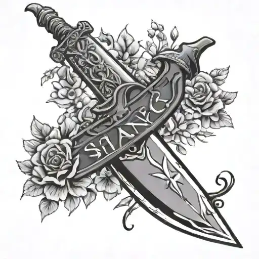 Glass skyrim dagger, flowers, and the word 'balance' tattoo design idea