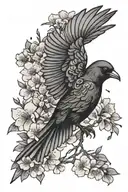 black bird flying with cherry blossoms around  tattoo design idea