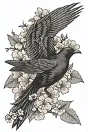 black bird flying with cherry blossoms around  tattoo design idea