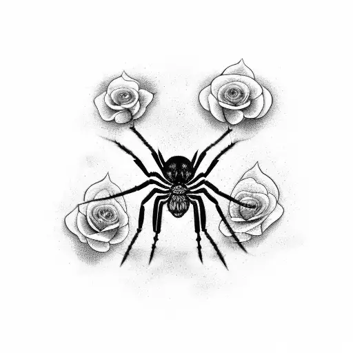 A black and grey tattoo of a spider weaving a web of roses tattoo design idea