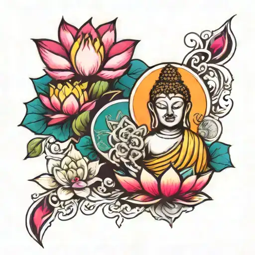 buddha and lotus and hand of fatima tattoo design idea