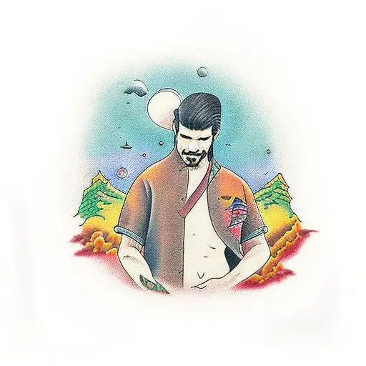 hombre de espaldas meditando con un hermoso paisaje enfrente tattoo design idea