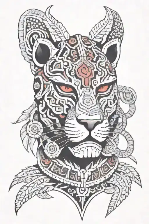 Mayan jaguar warrior mask red line in the eyes obscured view tattoo design idea