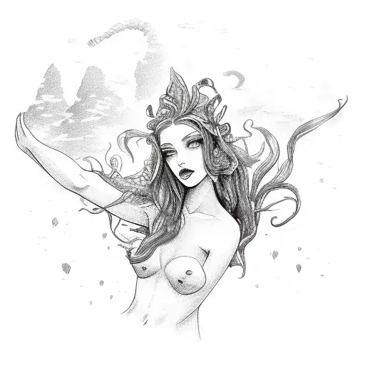 siren mermaid holding a man's head in her hand tattoo design idea