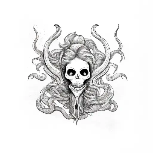 siren mermaid with men's scull head tattoo design idea