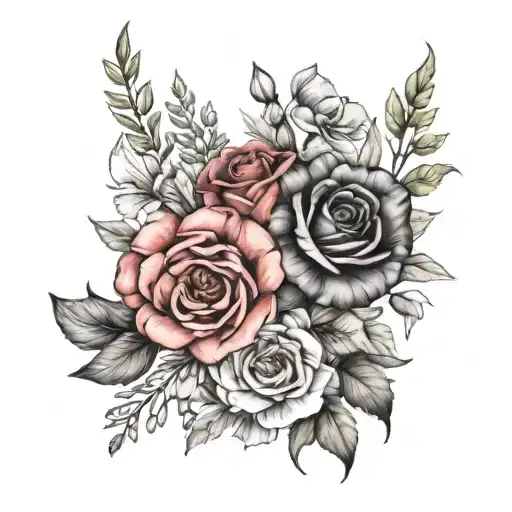 rose, poppy, honeysuckle and gladiolus flower bouquet tattoo design idea