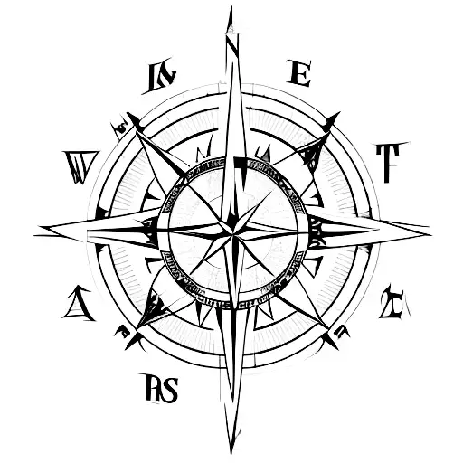 A compass rose with a forest background,castle, a raie manta at the left and an anti possesion sign   tattoo design idea