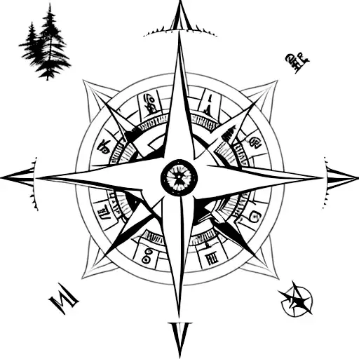 A compass rose with a forest background,castle, a raie manta at the left and an anti possesion sign   tattoo design idea