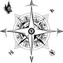 A compass rose with a forest background,castle, a raie manta at the left and an anti possesion sign   tattoo design idea