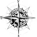 A compass rose with a forest background,castle, a raie manta at the left and an anti possesion sign   tattoo design idea