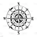 A compass rose with a forest background,castle, a raie manta at the left and an anti possesion sign   tattoo design idea
