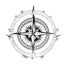 A compass rose with a forest background,castle, a raie manta at the left and an anti possesion sign   tattoo design idea