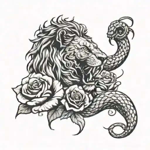 A lion and snake in a fierce battle with a rose as the battleground tattoo design idea