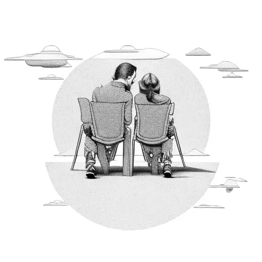 tattoo of two people sitting on individual exterior chairs one of them is pointing at something at the sky the other has tattoo design idea