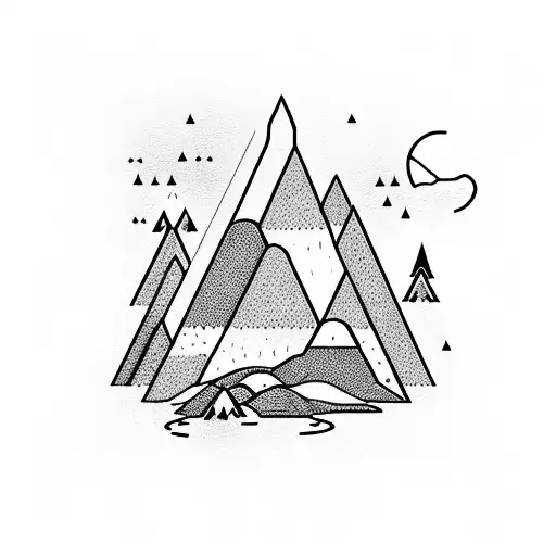 A mountain and beneath it a forest with a campfire all inside a rhombus  tattoo design idea