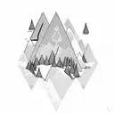 A mountain and beneath it a forest with a campfire all inside a rhombus  tattoo design idea