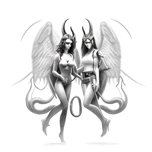 Two seductive woman battling each other, 1 woman angel, 1 woman demon, long sharp teeth, dark, 1 good one evil, nake tattoo design idea