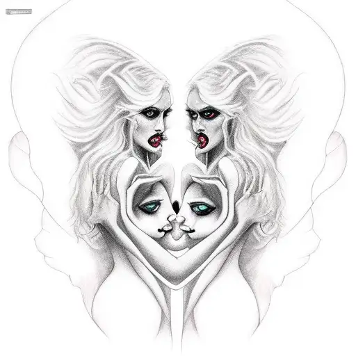 Two seductive woman battling each other, 1 woman angelic, 1 woman demonic, long sharp teeth, dark, 1 good one evil, nake tattoo design idea