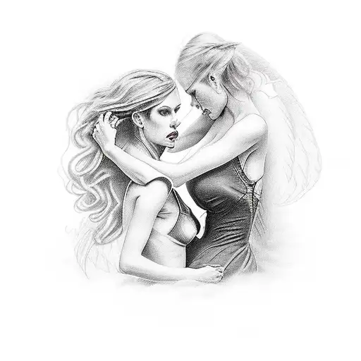 Two seductive woman battling each other, 1 woman angelic, 1 woman demonic, long sharp teeth, dark, 1 good one evil, worr tattoo design idea